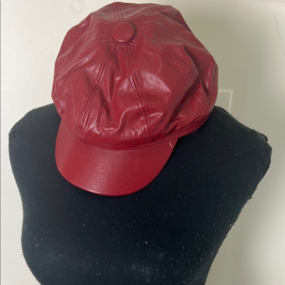 Vintage  Faux Leather Red News Boy  Barret  Cap Size OS